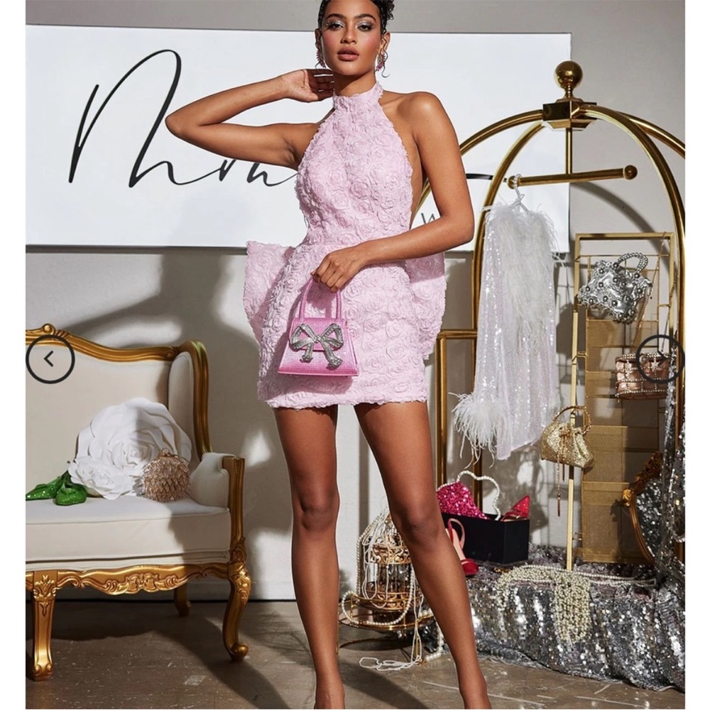 Pink Halterneck Flower Bow Mini Dress